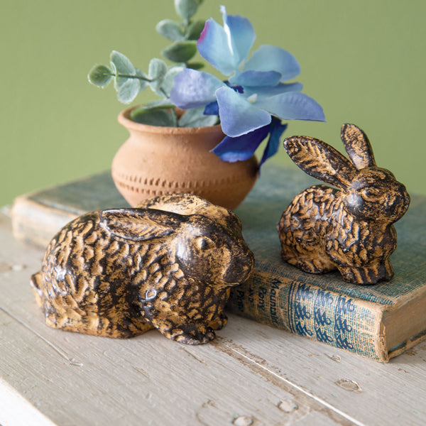 Set of Two Rustic Bunny Figurines