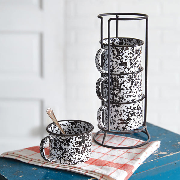 Mug Tower with Four Splattered Enamel Mugs