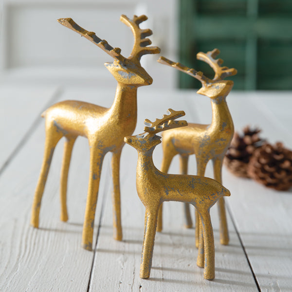 Set of Three Golden Reindeer Figurines