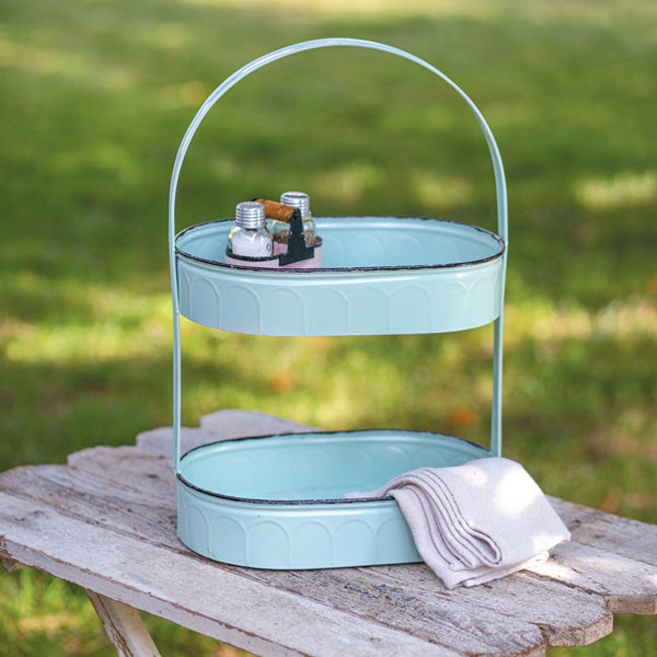 Two-Tiered Oval Seafoam Tray - D&J Farmhouse Collections