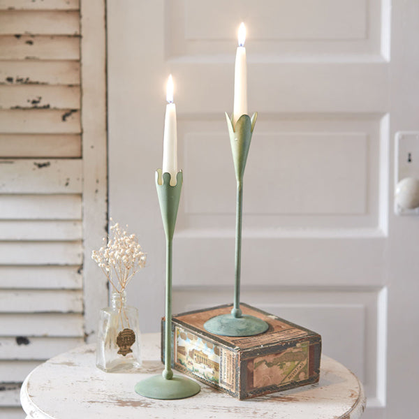 Set of Two Verdigris Taper Candle Holders