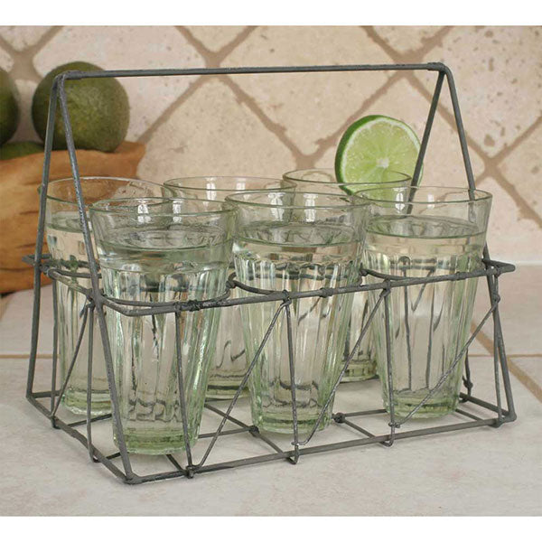 Rectangular Wire Caddy with Six Glasses - Galvanized - D&J Farmhouse Collections