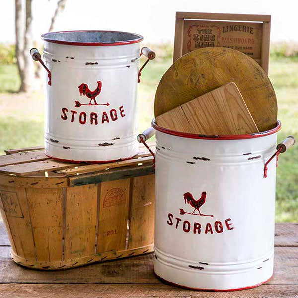 Set of Two White and Red Storage Tins with Handles - D&J Farmhouse Collections