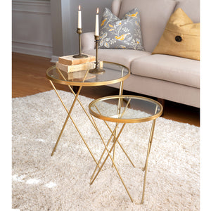 Set of Two Gold Side Tables with Glass Top
