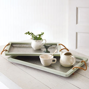 Set of Two Jade Galvanized Trays with Rope Handles