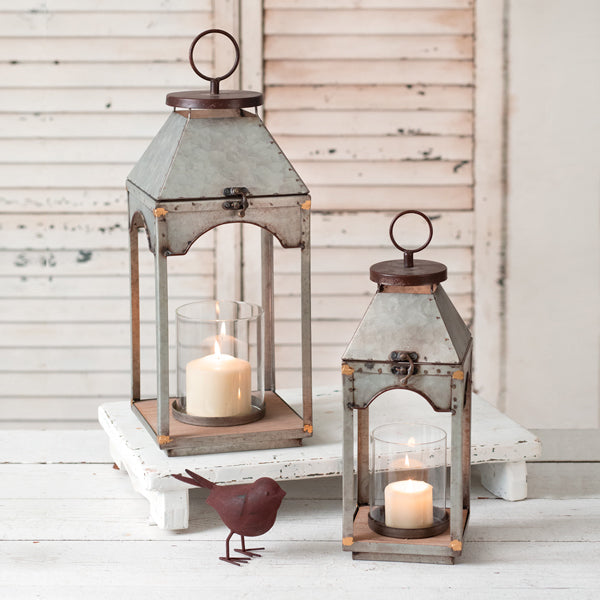 Set of Two Galvanized Candle Lanterns with Wood Base - D&J Farmhouse Collections
