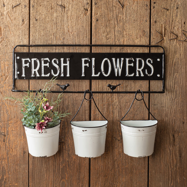 Fresh Flowers Metal Sign with Metal Buckets - D&J Farmhouse Collections