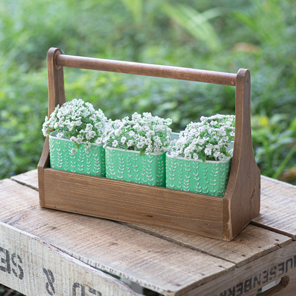 Wooden Carrier with Mint Green Containers - D&J Farmhouse Collections
