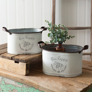 Set of Two Bee Happy Oval Buckets - D&J Farmhouse Collections