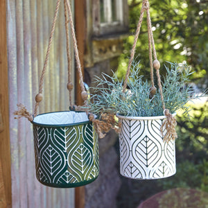 Set of Two Green and White Hanging Metal Planters - D&J Farmhouse Collections