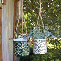 Set of Two Green and White Hanging Metal Planters - D&J Farmhouse Collections