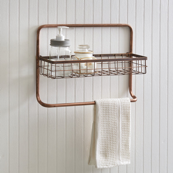 Copper Finish Bathroom Basket Shelf and Towel Bar - D&J Farmhouse Collections