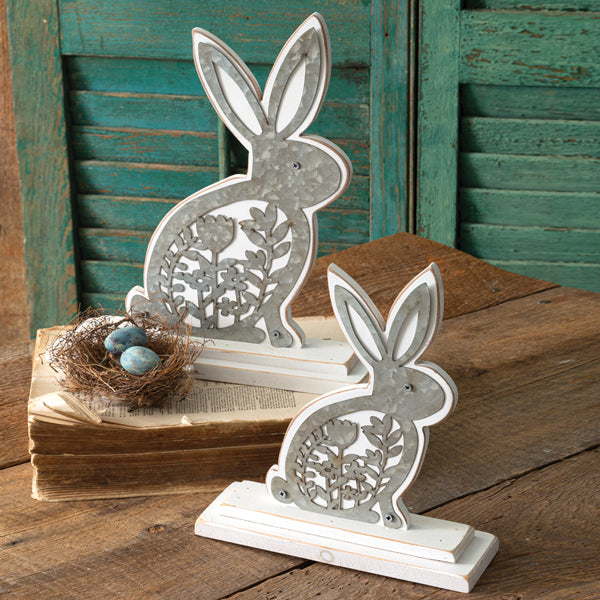Set of Two Wooden Bunnies with Metal Cutouts - D&J Farmhouse Collections