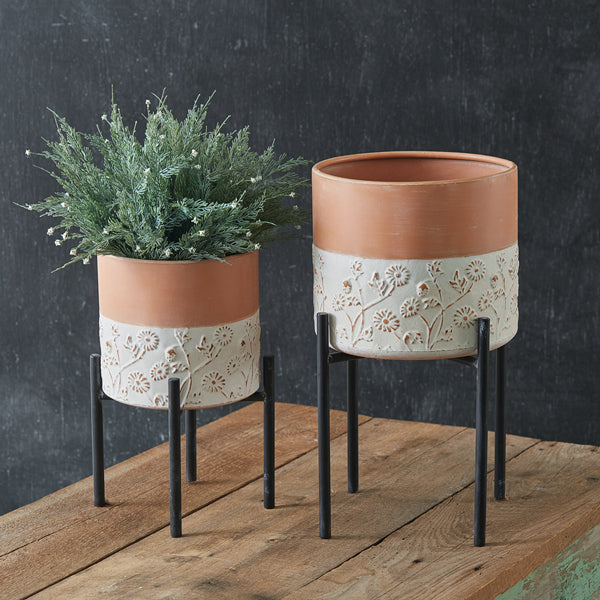 Set of Two Floral Embossed Plant Stands - D&J Farmhouse Collections