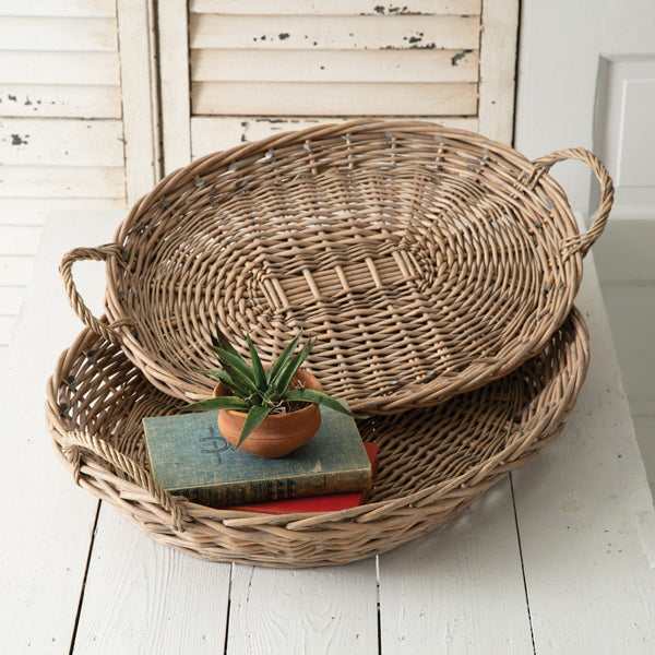 Set of Two Large Oval Wicker Trays