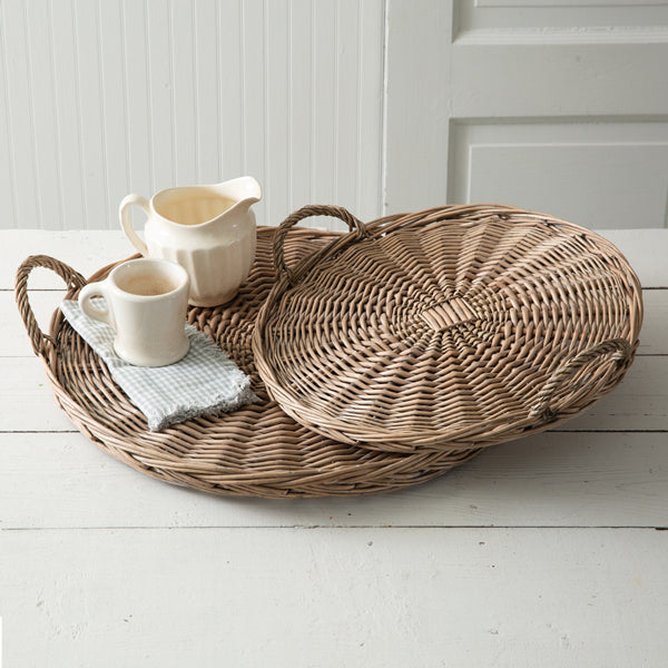 Set of Two Large Round Wicker Trays