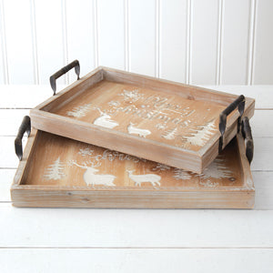 Set of Two Christmas Wooden Serving Trays