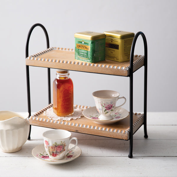 Two- Tier Beaded Wood and Metal Tray