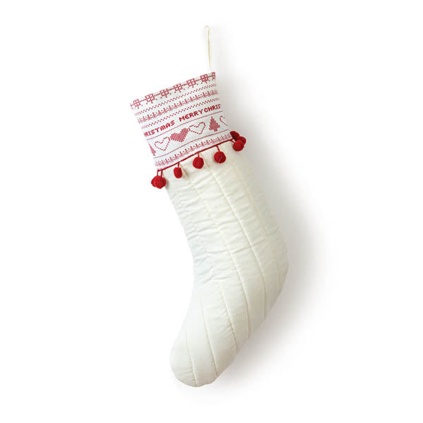 Quilted Stocking with Red Pom Poms - D&J Farmhouse Collections
