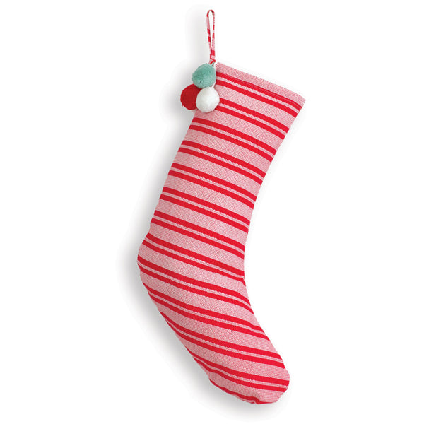 Red Striped Christmas Stocking with Pom Poms - D&J Farmhouse Collections