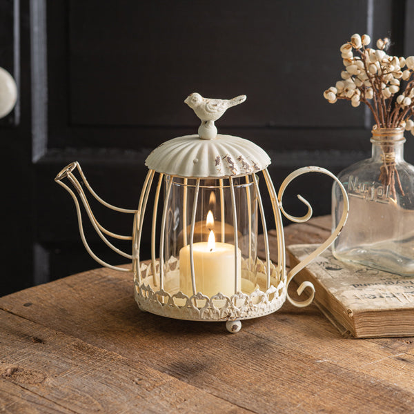 Tea Kettle Candle Holder with Bird - D&J Farmhouse Collections