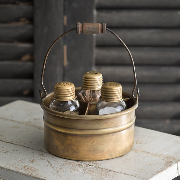 Round Bucket Salt Pepper and Toothpick Caddy - Antique Brass - D&J Farmhouse Collections