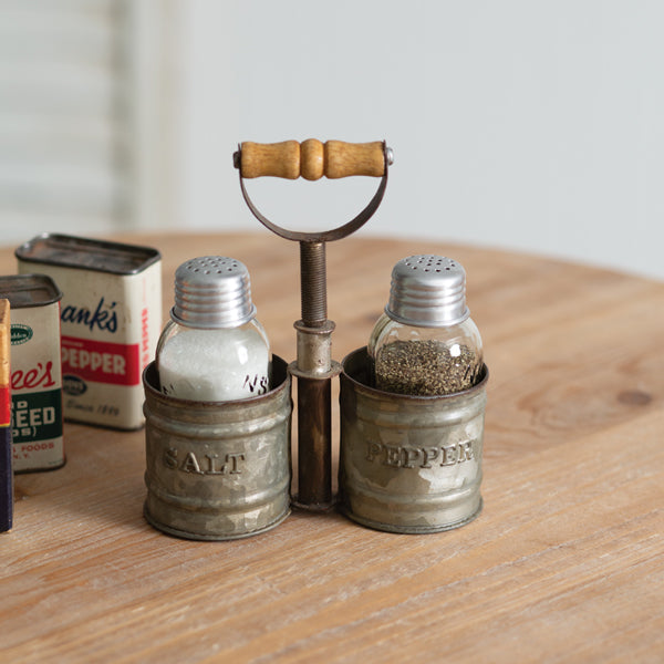 Galvanized Salt and Pepper Caddy with Wood Handle - D&J Farmhouse Collections