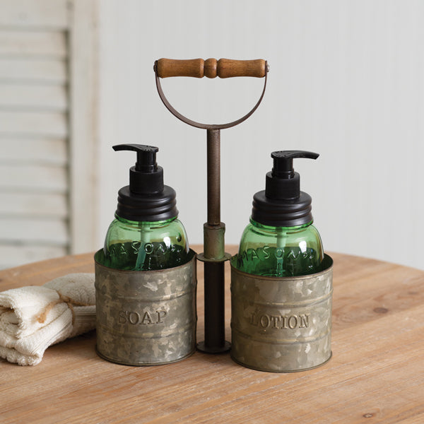 Galvanized Soap and Lotion Dispenser Caddy with Wood Handle - D&J Farmhouse Collections